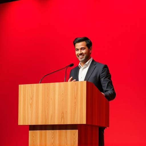 Ein Redner steht selbstbewusst an einem Rednerpult und hält eine Präsentation.
