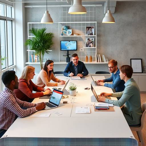 Eine Gruppe von Menschen arbeitet gemeinsam an einem Tisch, umgeben von Notizen und Computern.