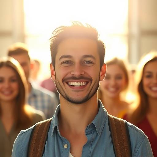 Eine selbstbewusste Person steht vor einer Gruppe und lächelt, strahlend und selbstsicher.