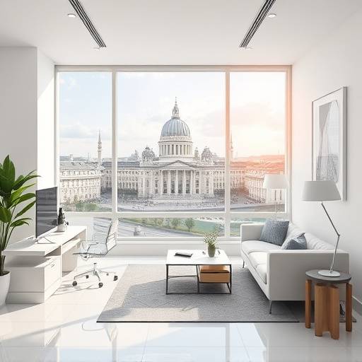 Heller Büroraum mit modernen Möbeln und Blick auf Wien