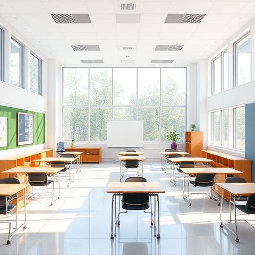 Heller Klassenraum mit moderner Ausstattung und großen Fenstern