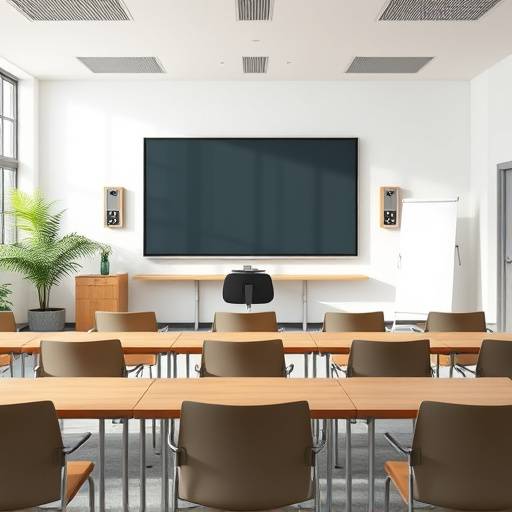 Heller Klassenraum mit moderner Ausstattung, ideal für interaktive Kurse