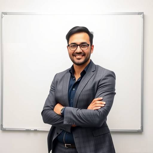 Markus Weber, Projektleiter, posiert selbstbewusst vor einem Whiteboard